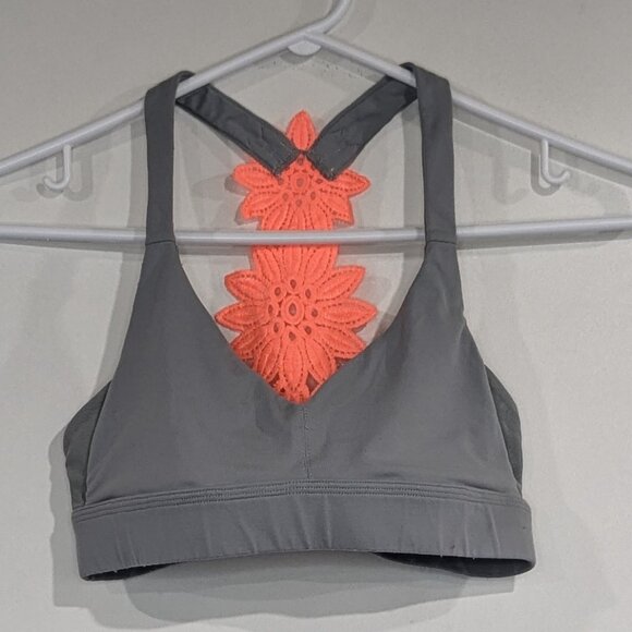 *3/$10* aerie Lace Back Sports Bra Grey Neon Coral Size Small - Picture 1 of 3